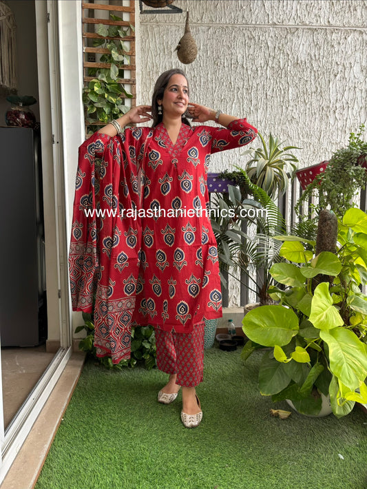 Red Ajrak Print Suit Set