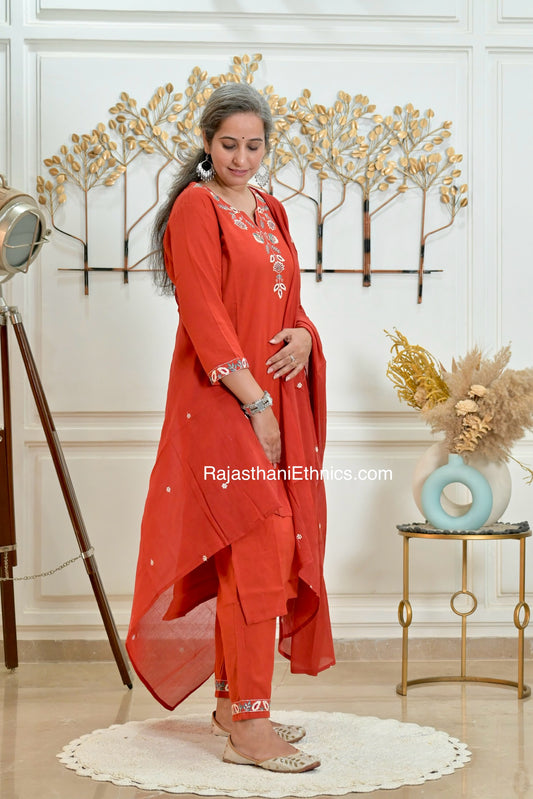 Rust Embroidered Kurta Set