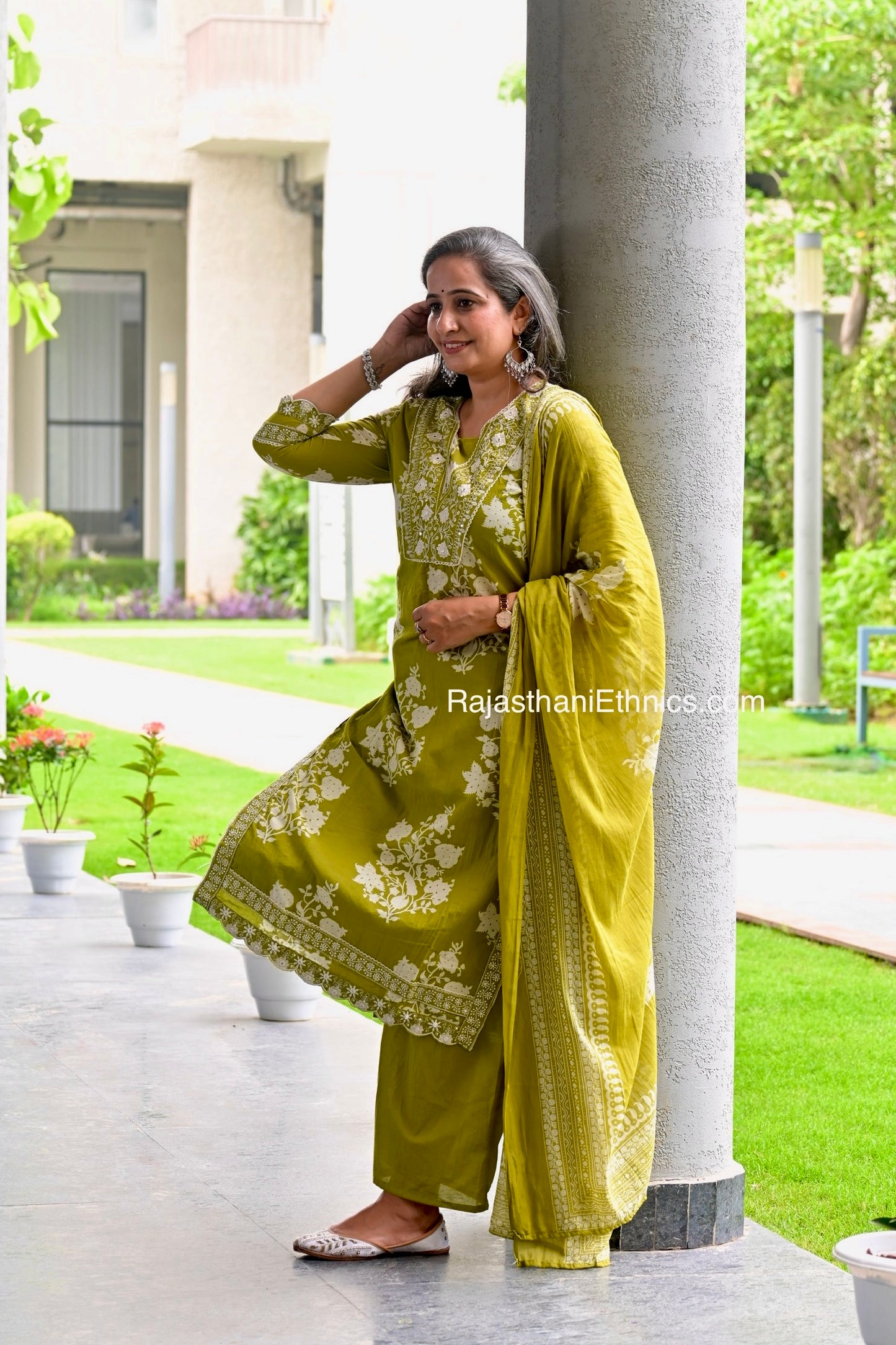 Olive Green Embroidered Kurta Set