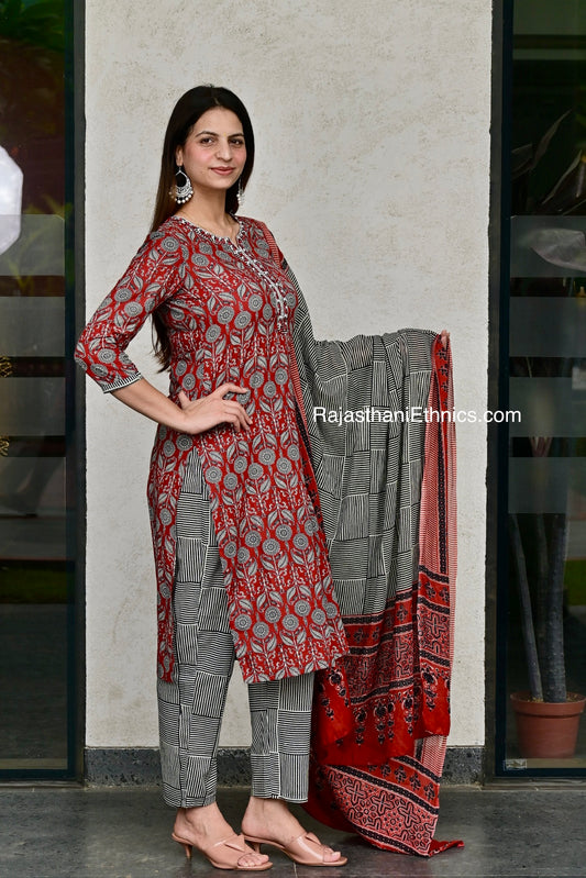 Red and Grey Designer Kurti Set