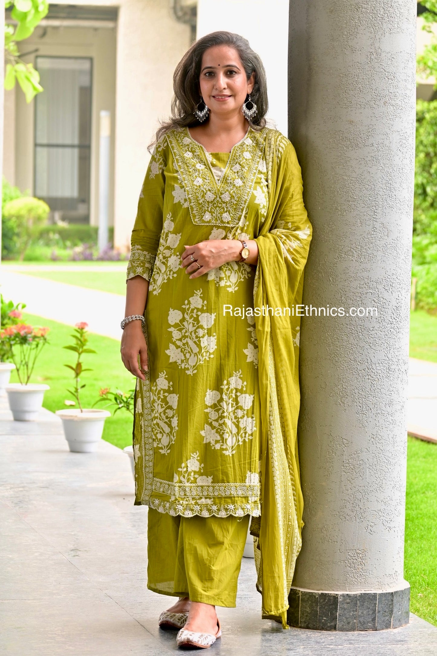 Olive Green Embroidered Kurta Set