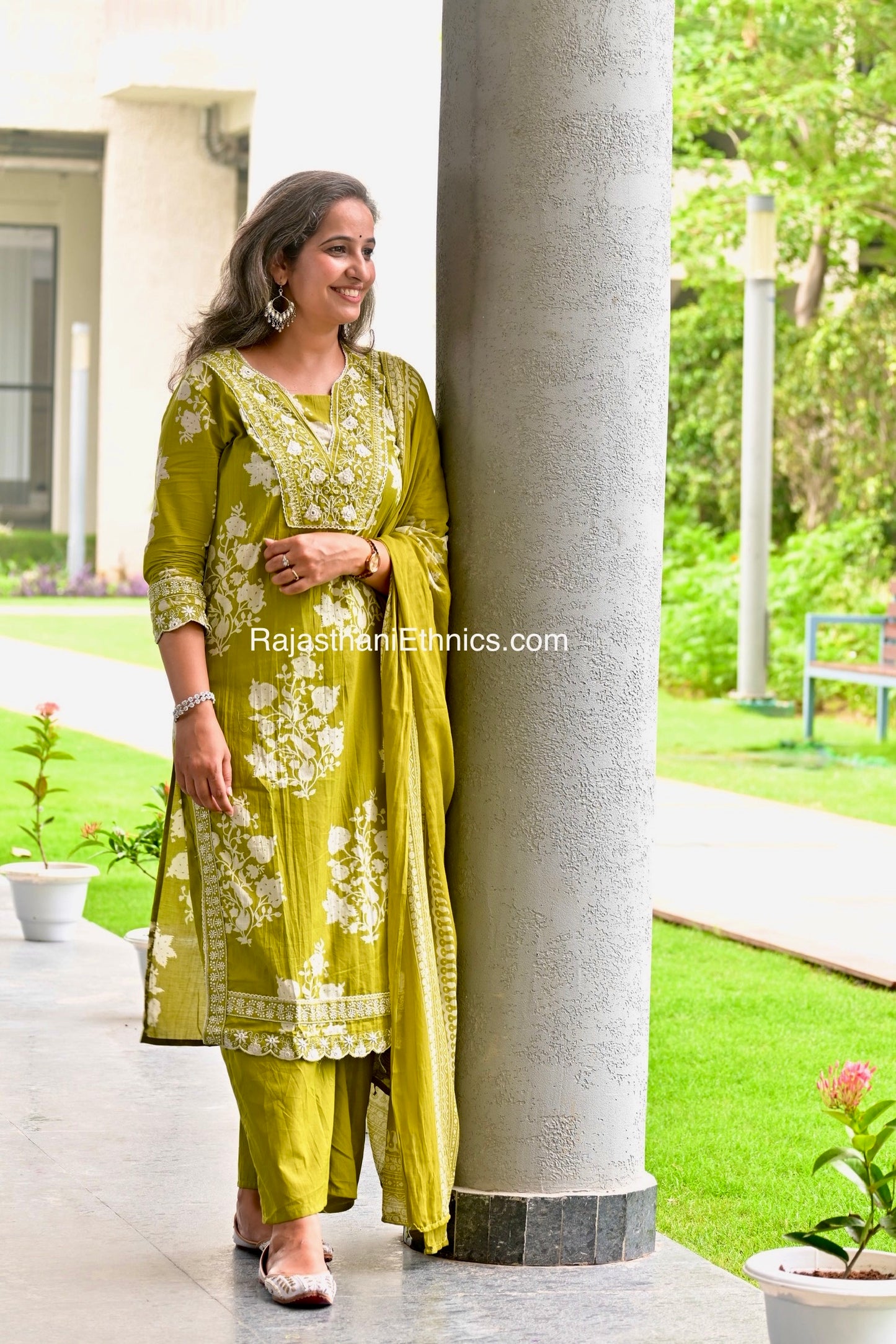 Olive Green Embroidered Kurta Set