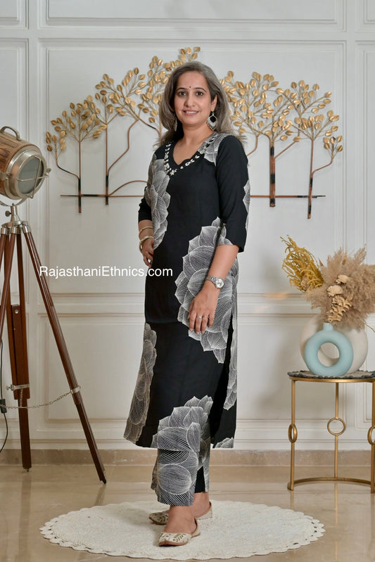 Black Floral Kurta Set