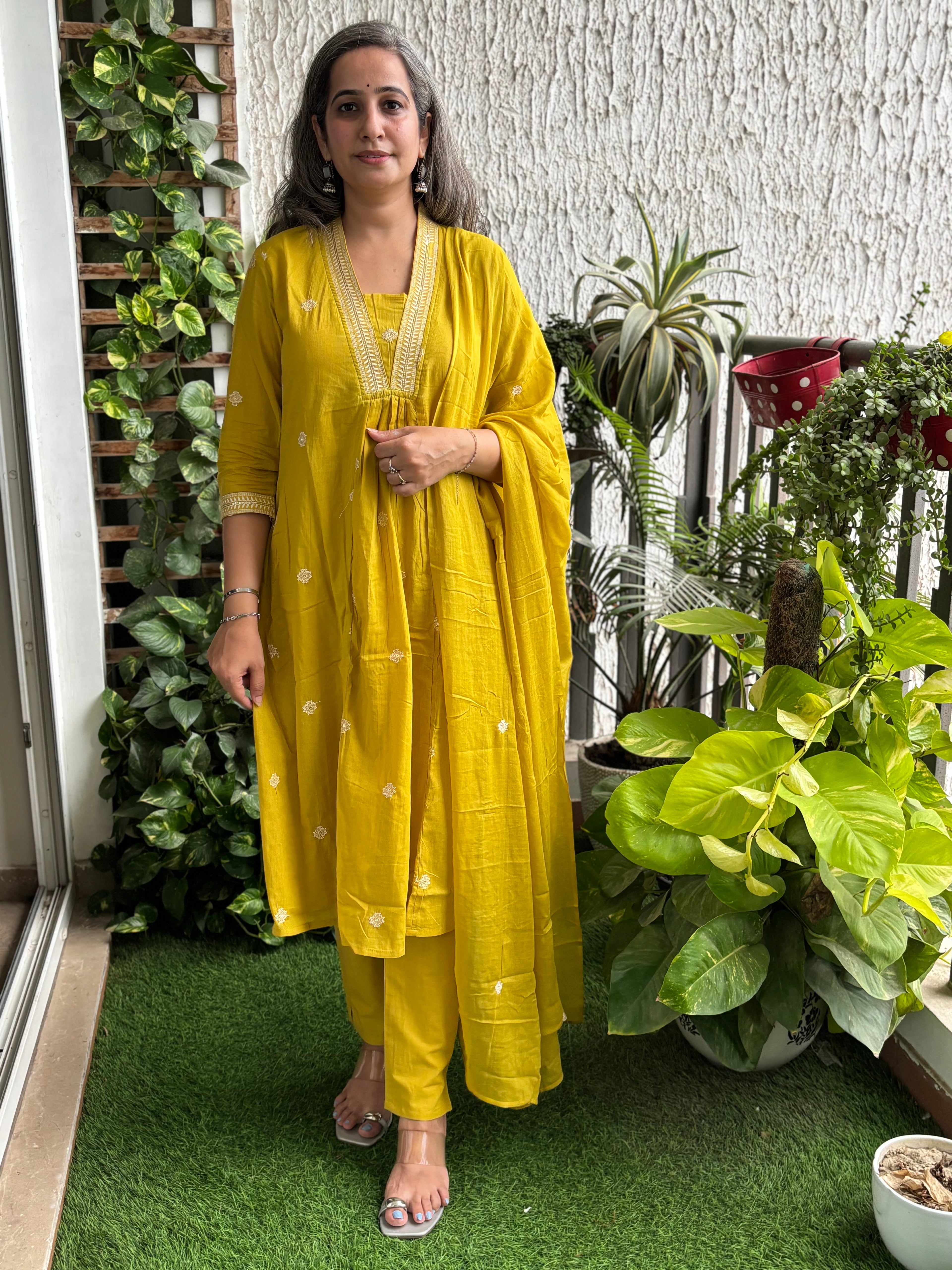 Mustard Mul Cotton A-line Suit