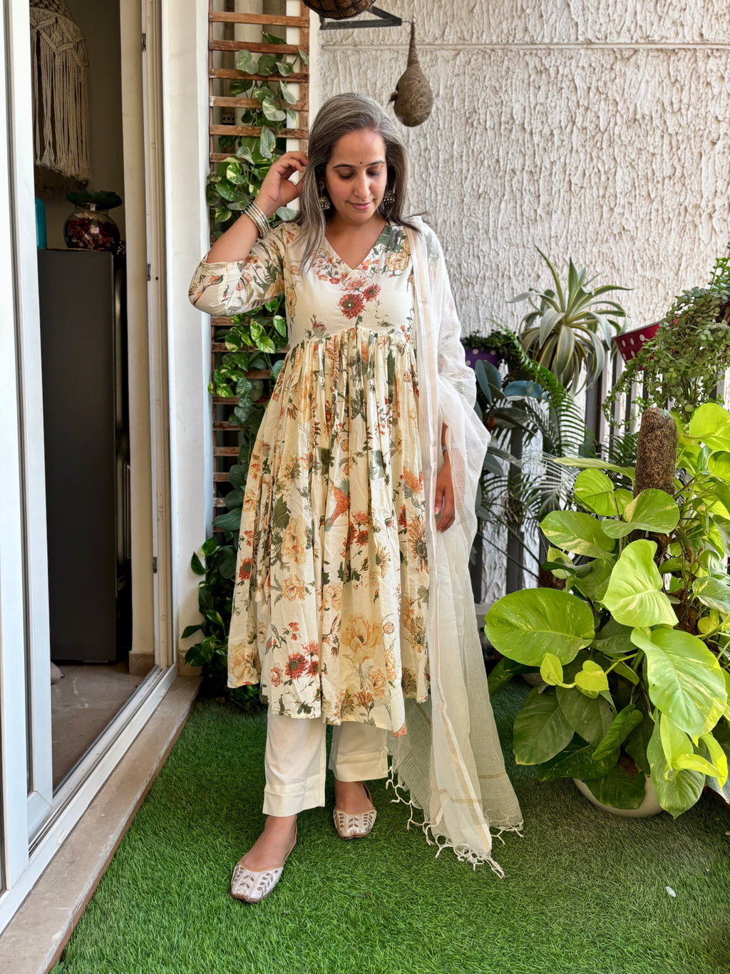 Offwhite Bird Print Anarkali Suit
