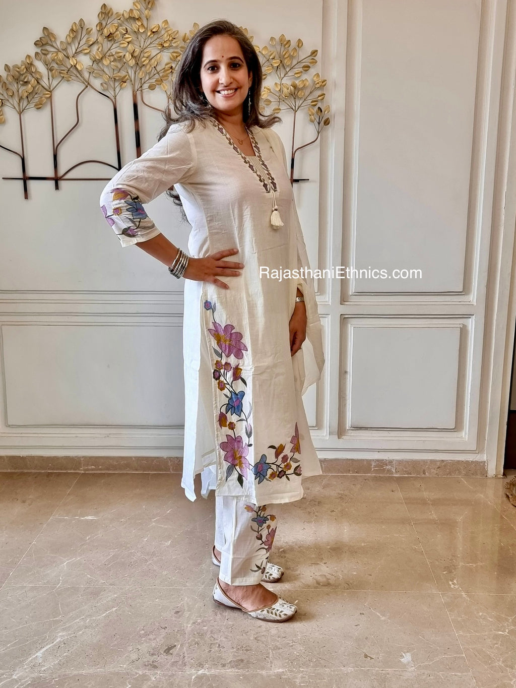 Embroidered Off White Mul Cotton