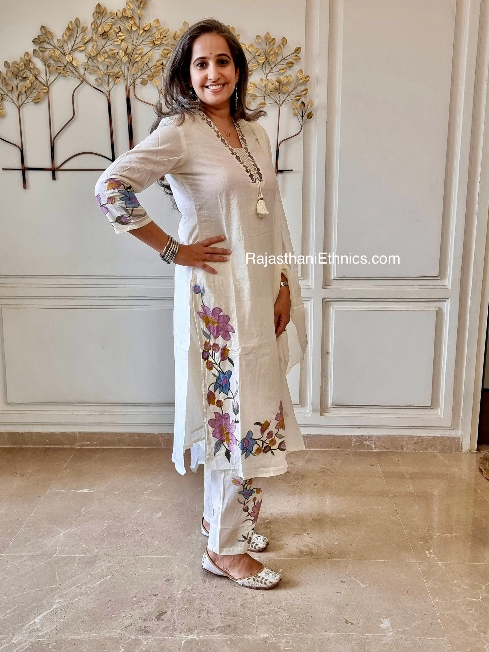 Embroidered Off White Mul Cotton