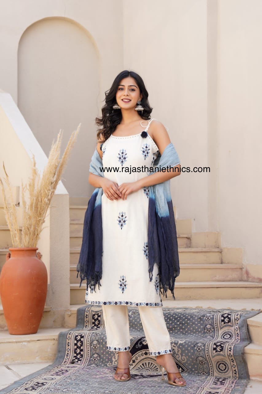 Noodle Strap Blue Embroidered Off White Suit