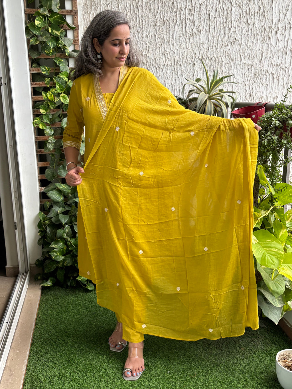 Mustard Mul Cotton A-line Suit