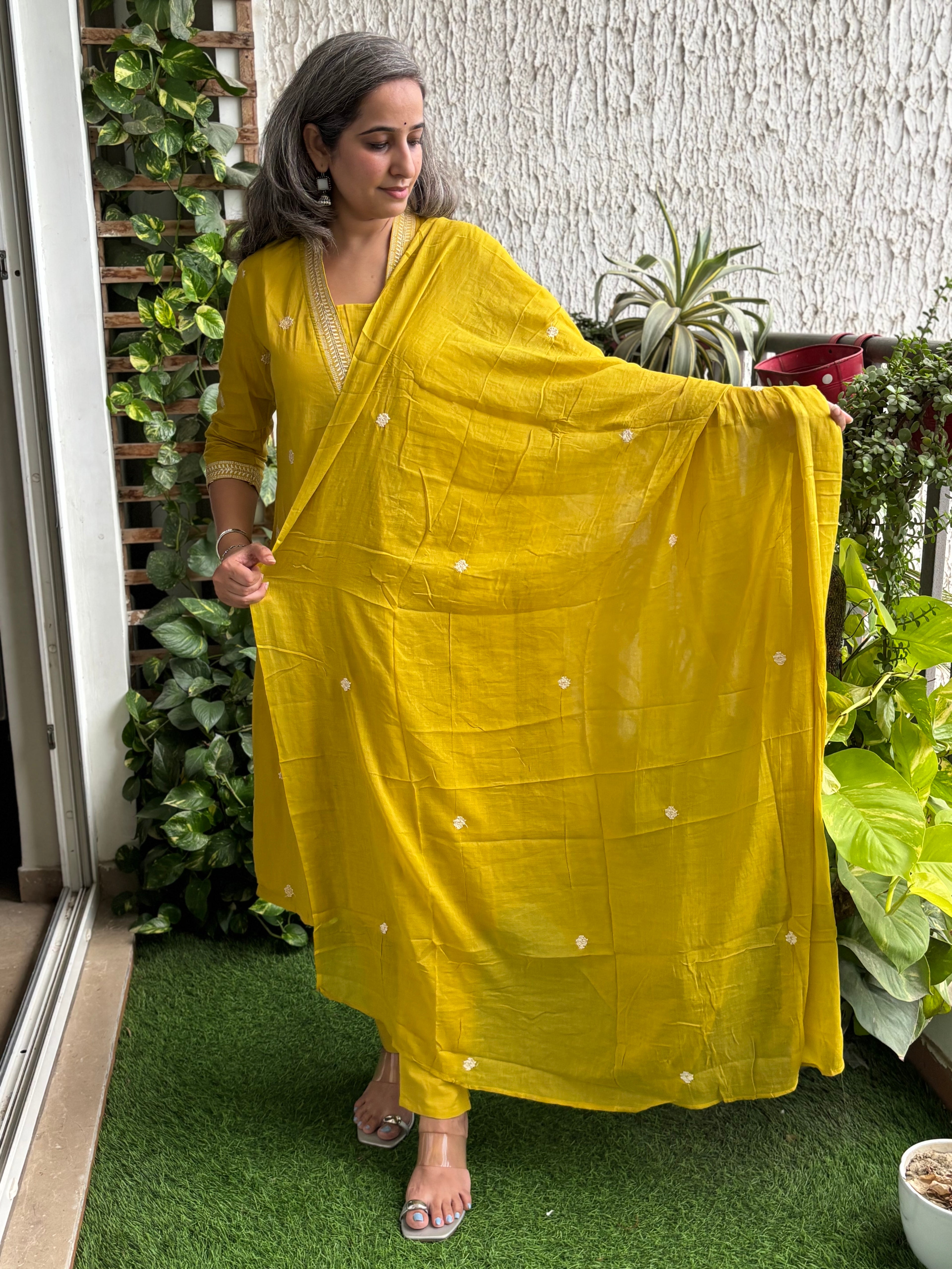 Mustard Mul Cotton A-line Suit