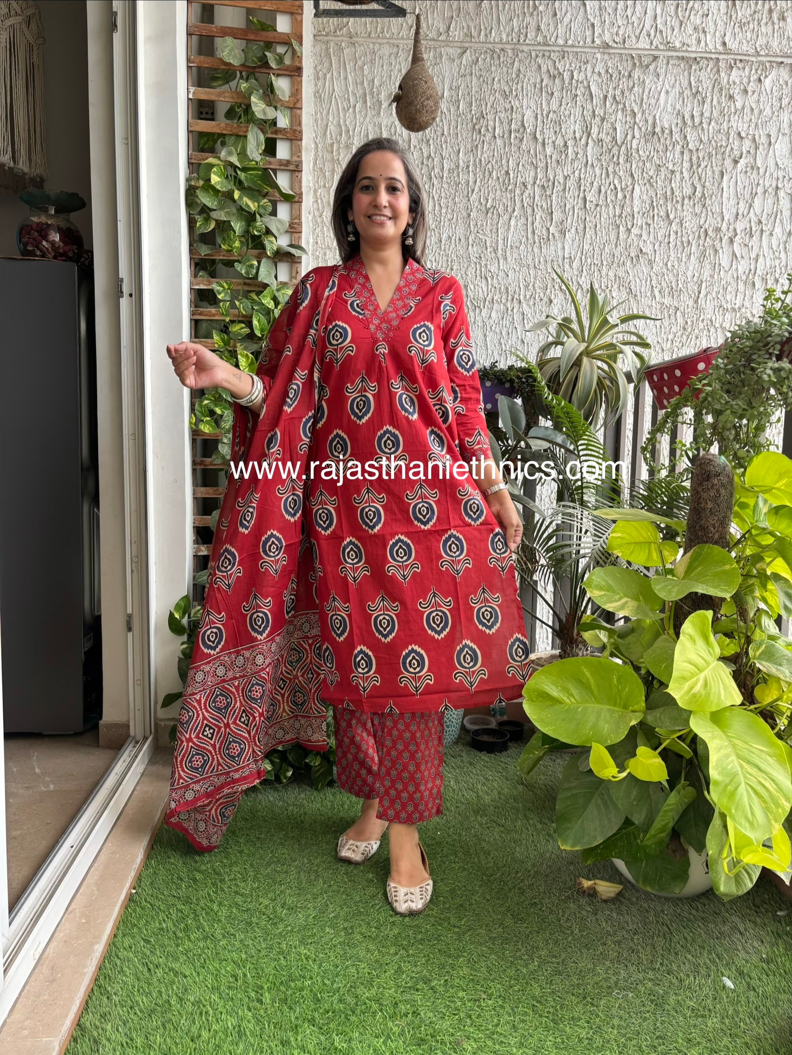 Red Ajrak Print Suit Set