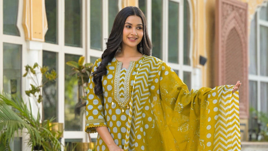 Yellow Printed Cotton Suit Set