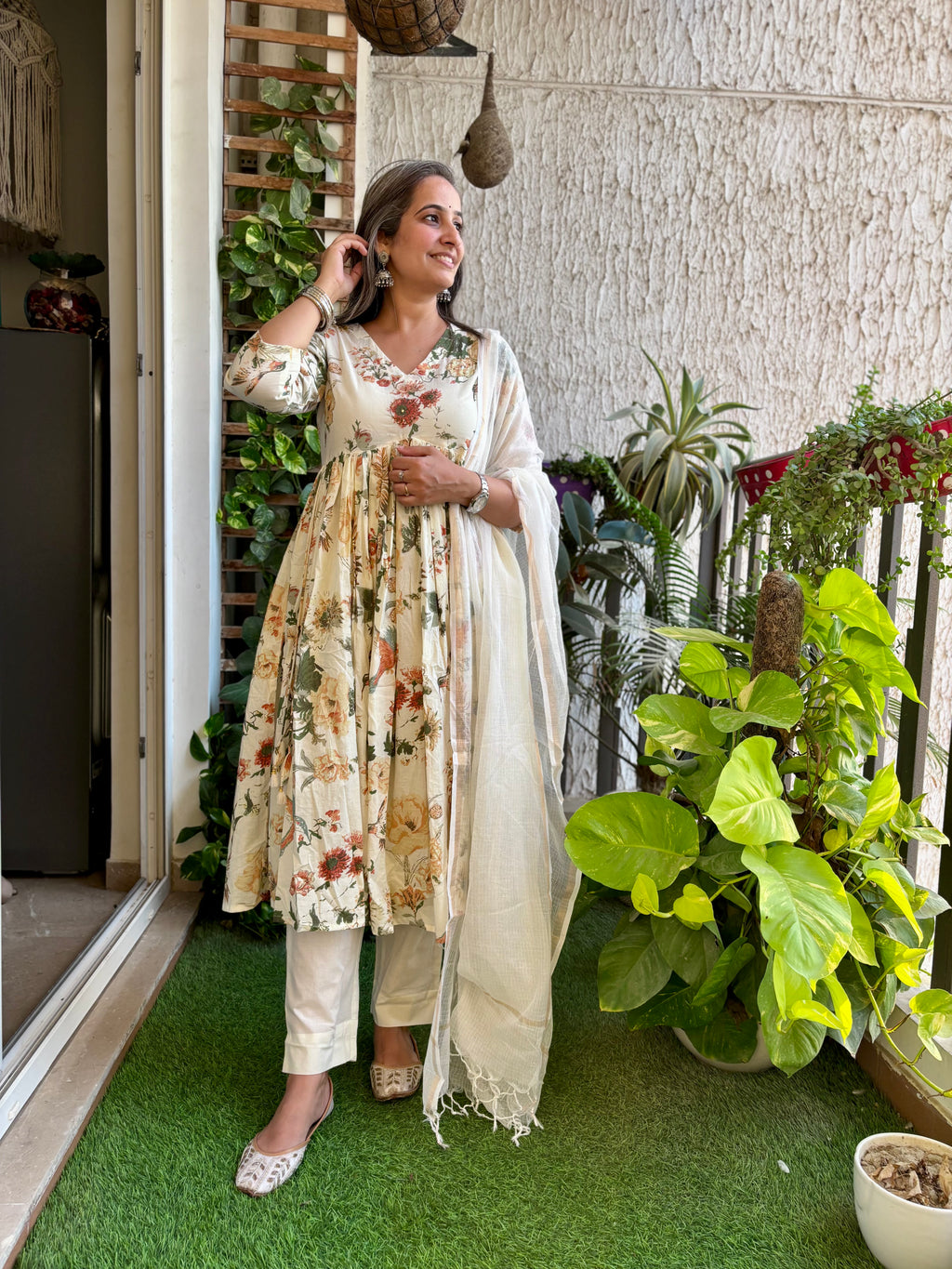 Offwhite Bird Print Anarkali Suit