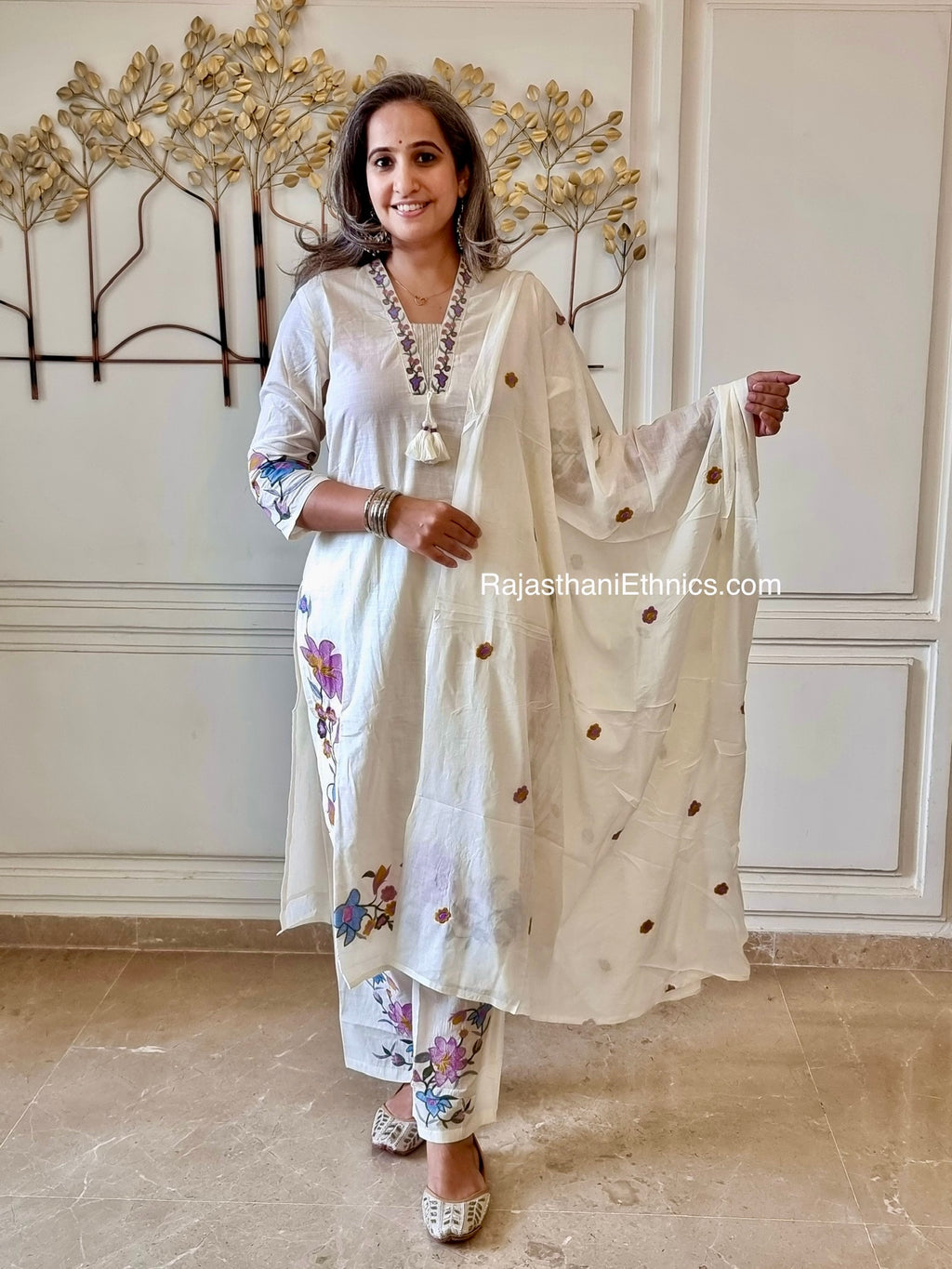 Embroidered Off White Mul Cotton