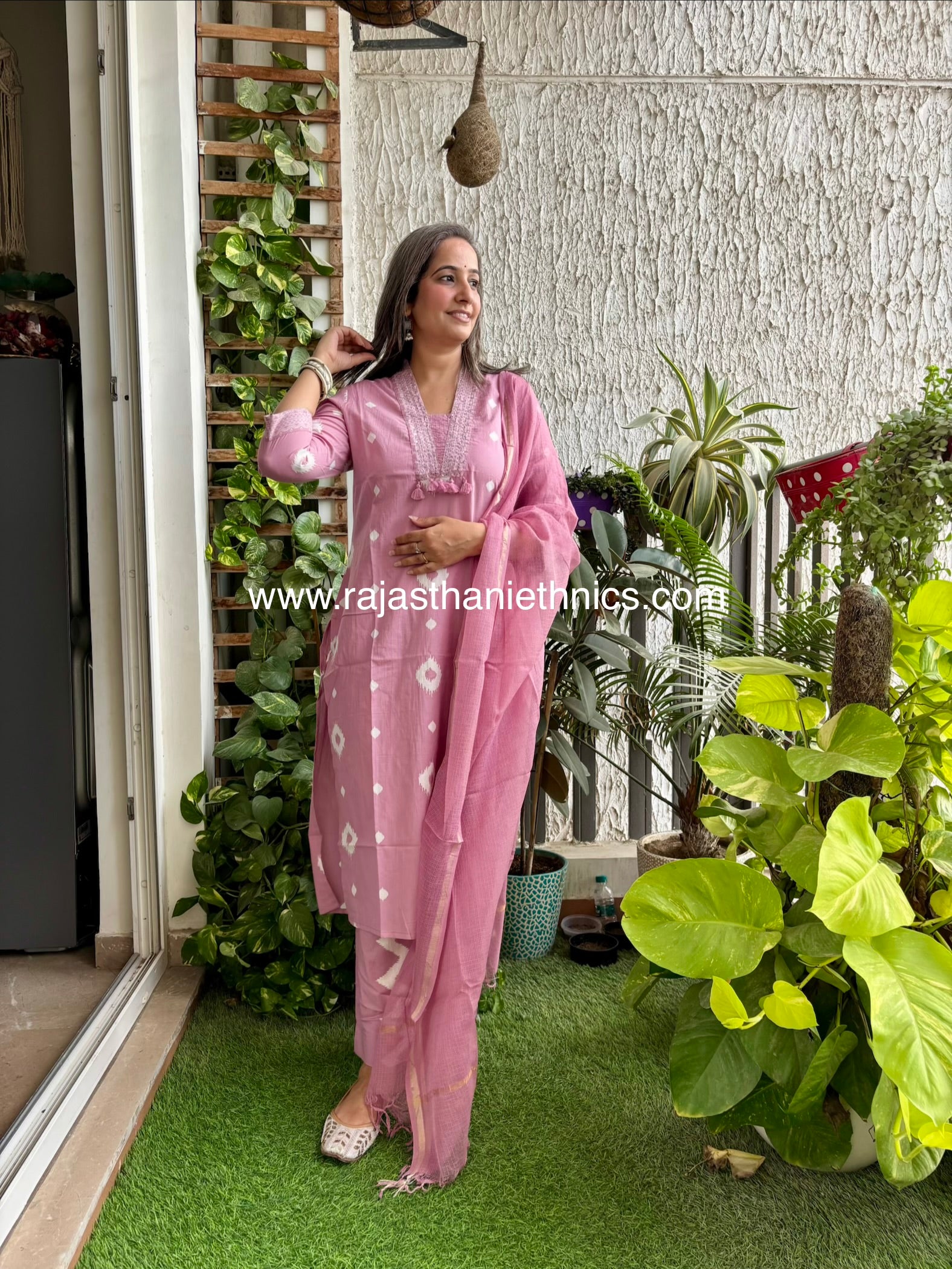 Pink Cotton Suit With Kota Dori