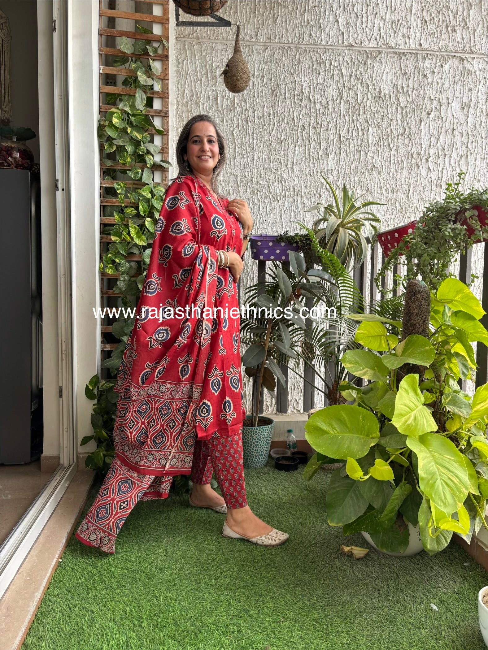 Red Ajrak Print Suit Set