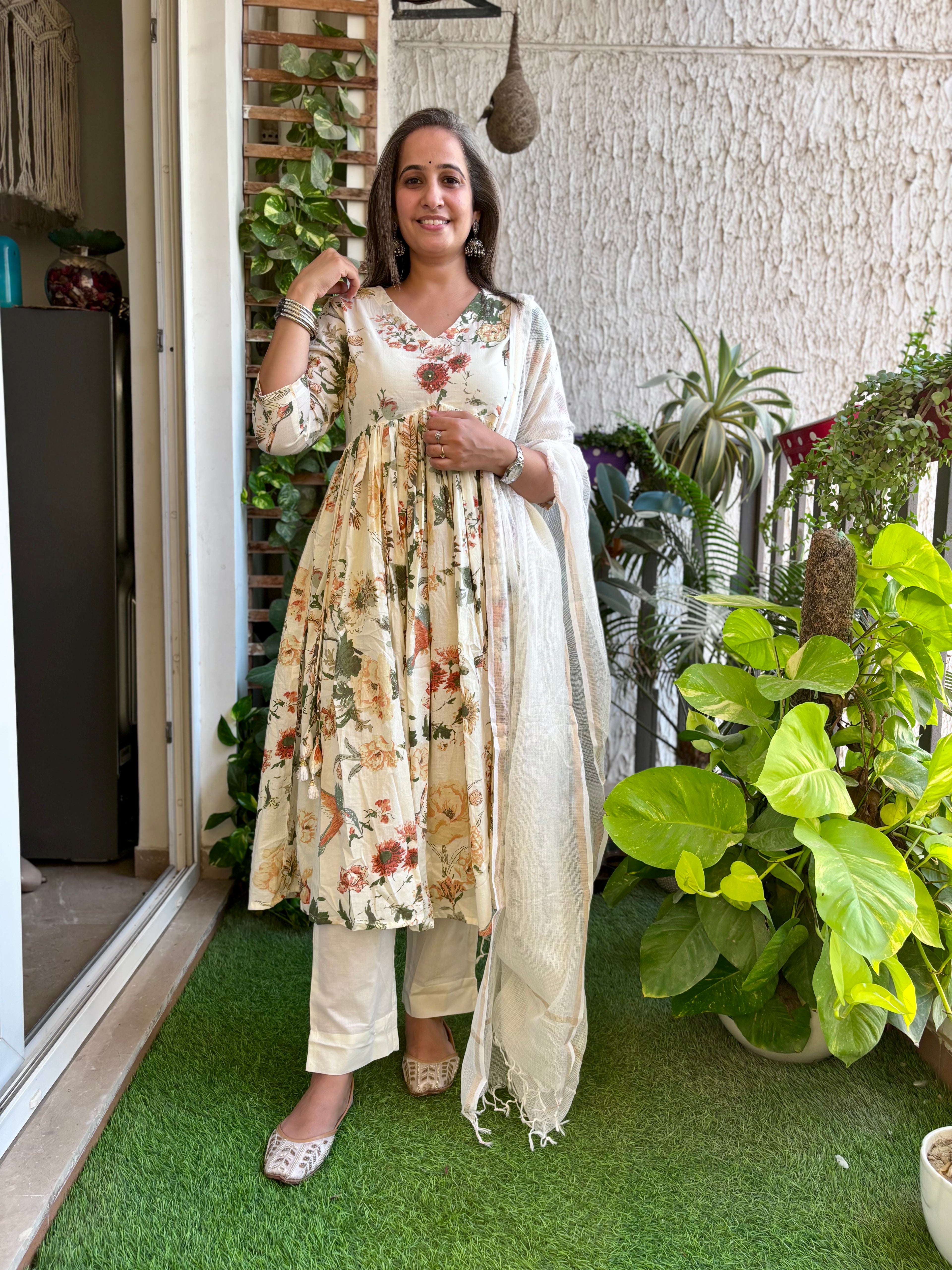 Offwhite Bird Print Anarkali Suit
