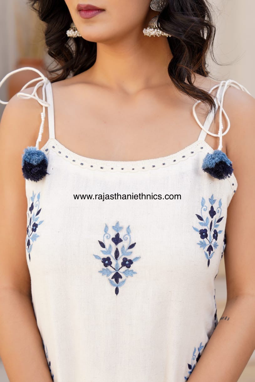 Noodle Strap Blue Embroidered Off White Suit