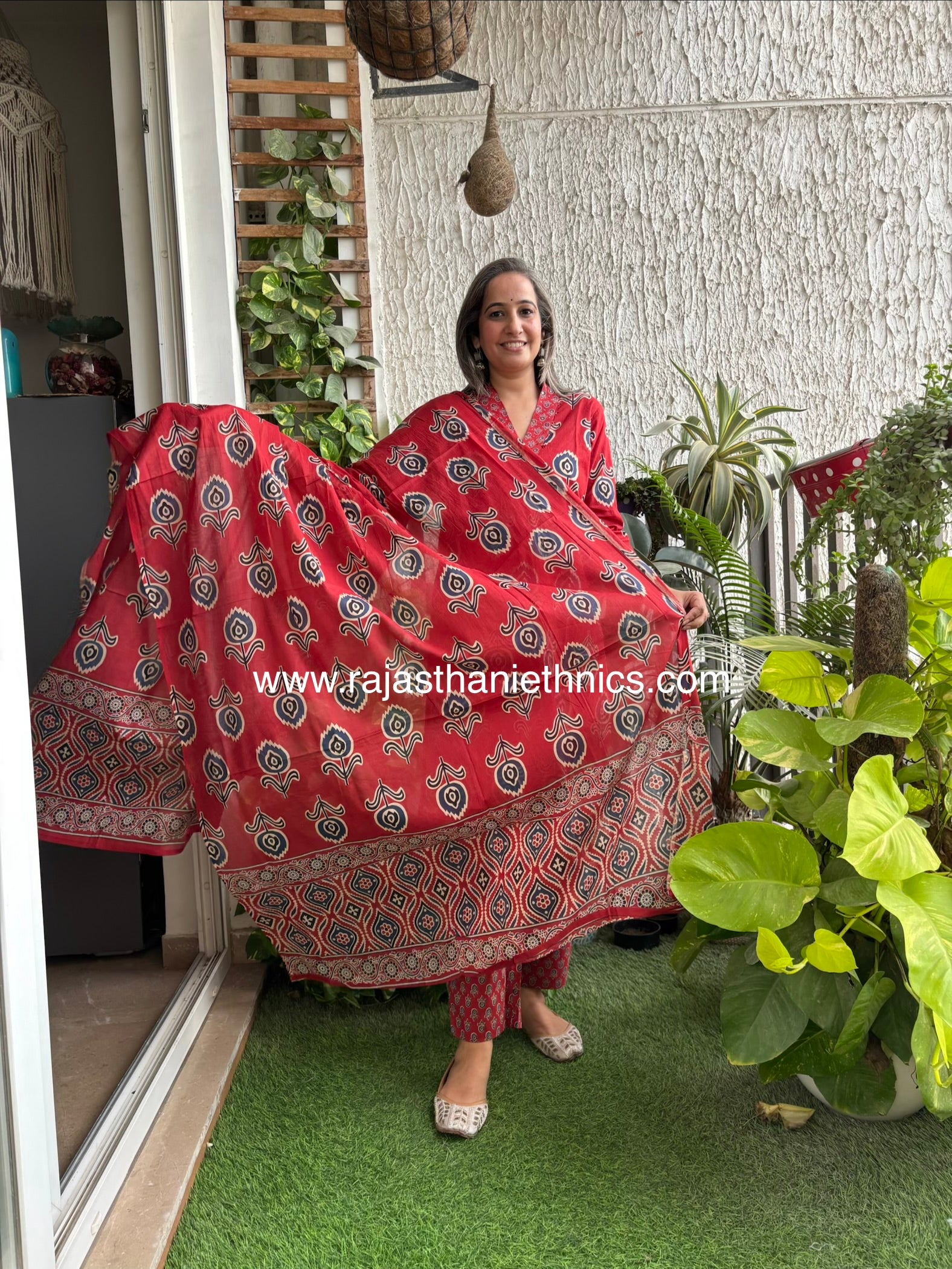 Red Ajrak Print Suit Set