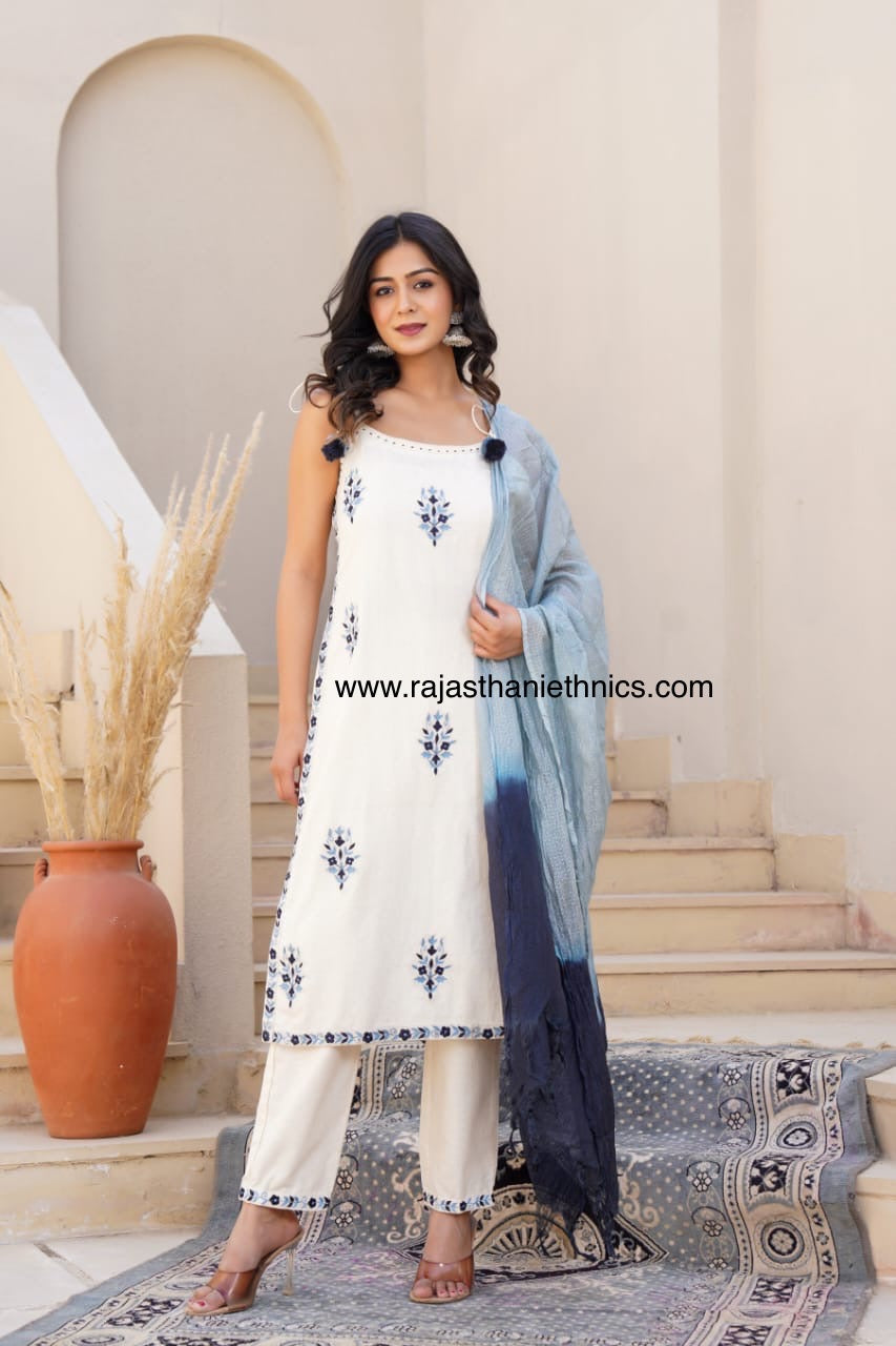 Noodle Strap Blue Embroidered Off White Suit