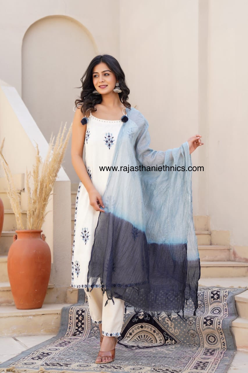 Noodle Strap Blue Embroidered Off White Suit