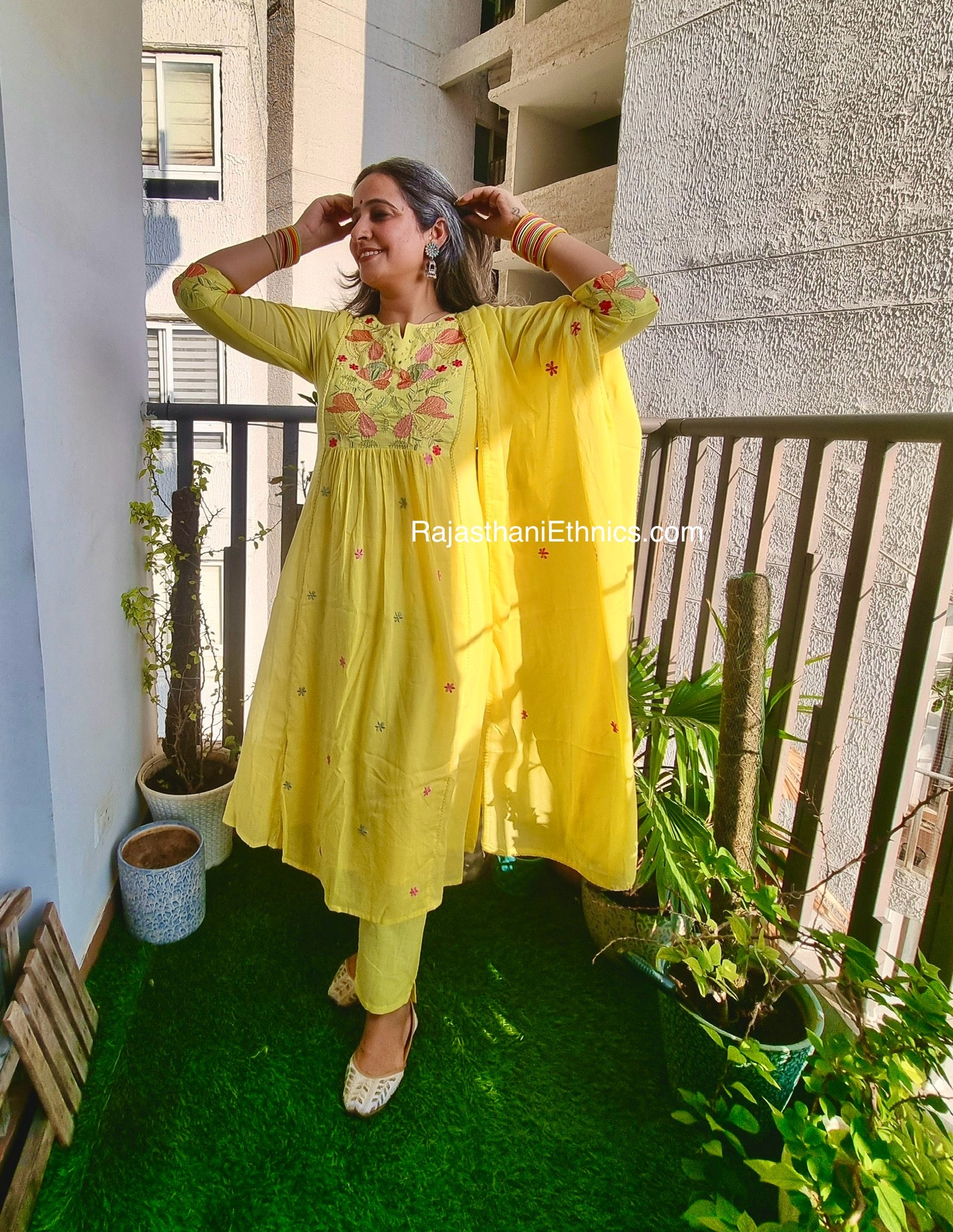 Yellow Embroidered Kurta Set - Mul Cotton