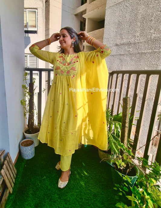 Yellow Embroidered Kurta Set - Mul Cotton