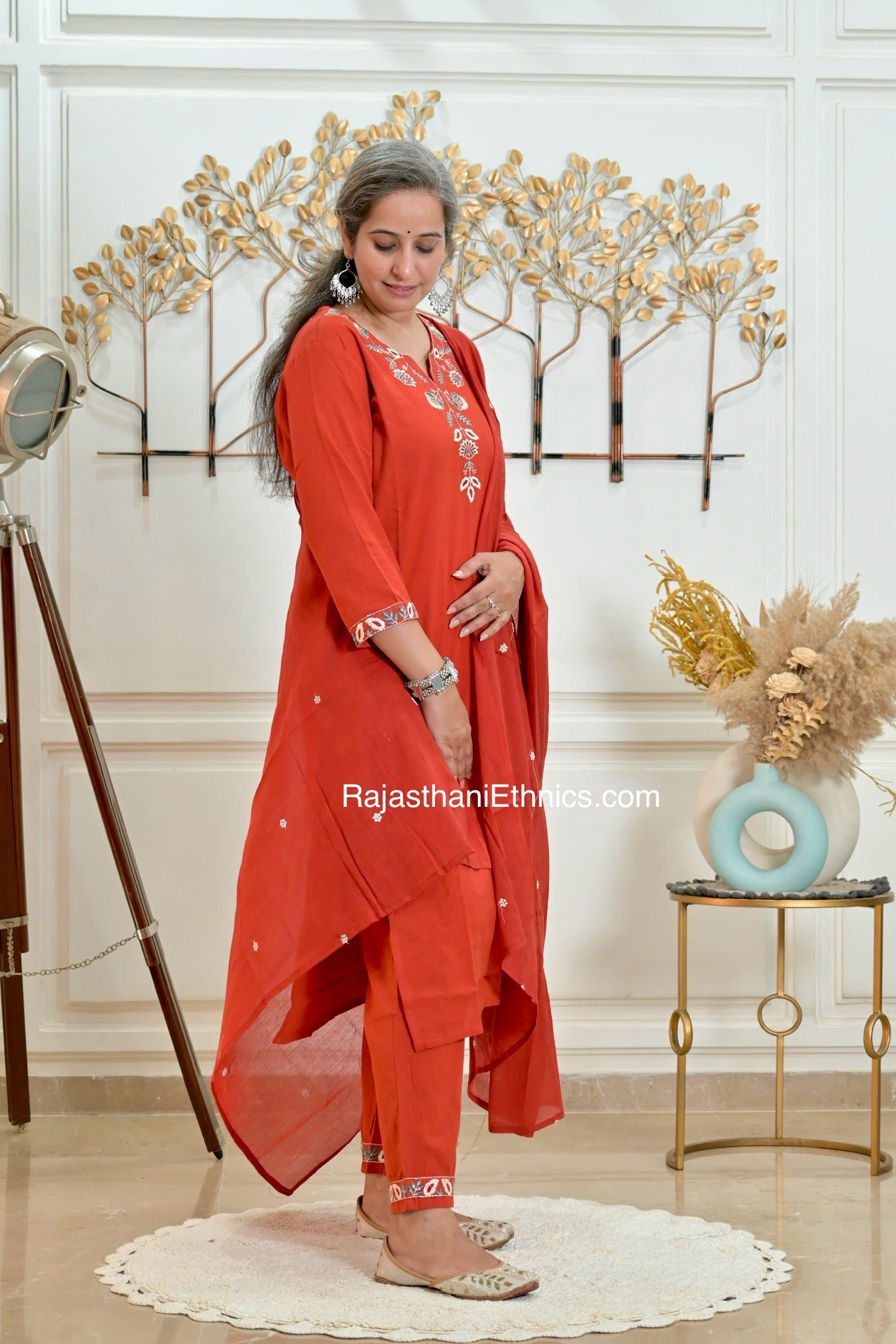 Rust Embroidered Kurta Set