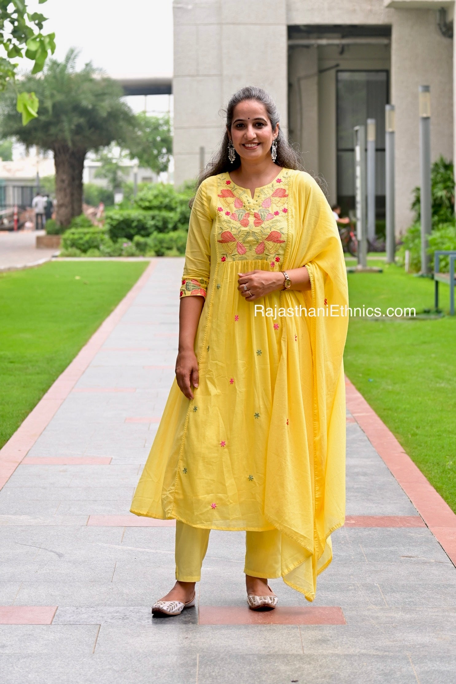 Yellow Embroidered Kurta Set - Mul Cotton