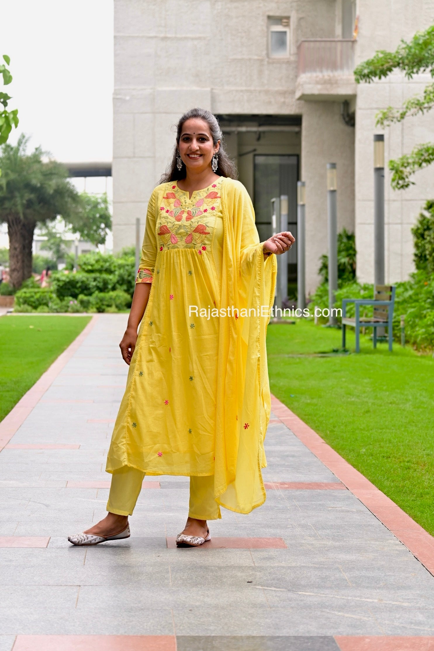 Yellow Embroidered Kurta Set - Mul Cotton