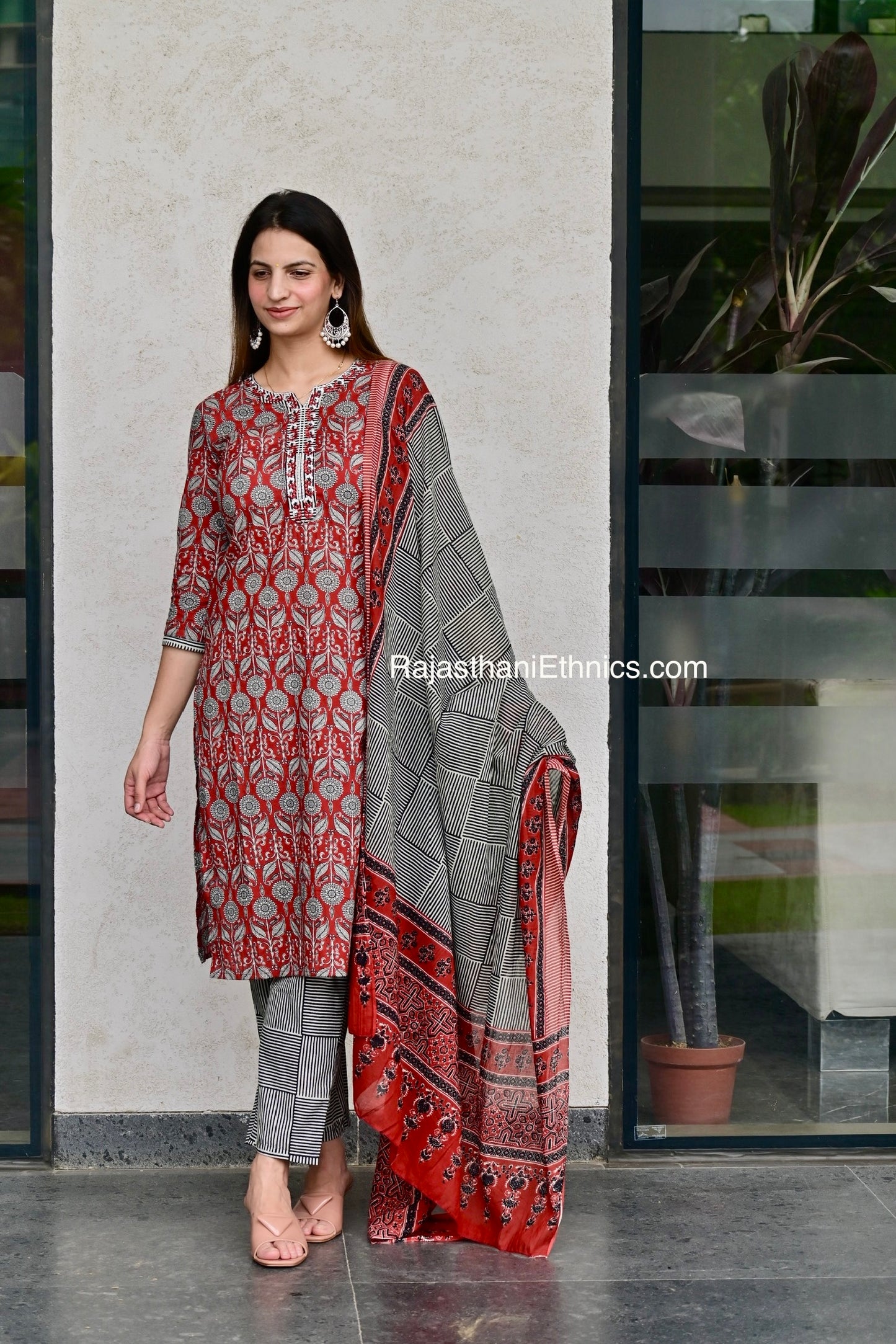 Red and Grey Designer Kurti Set
