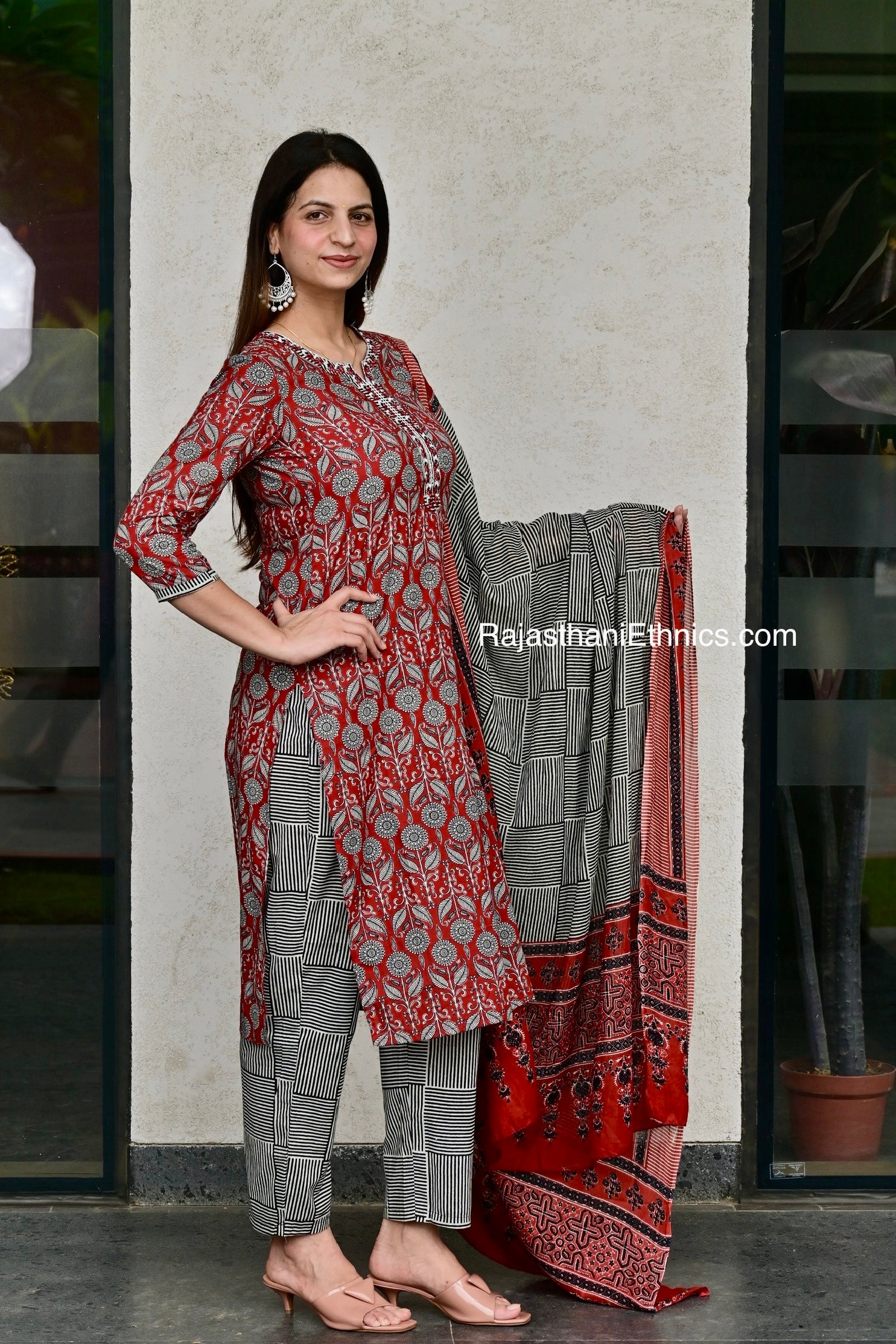 Red and Grey Designer Kurti Set