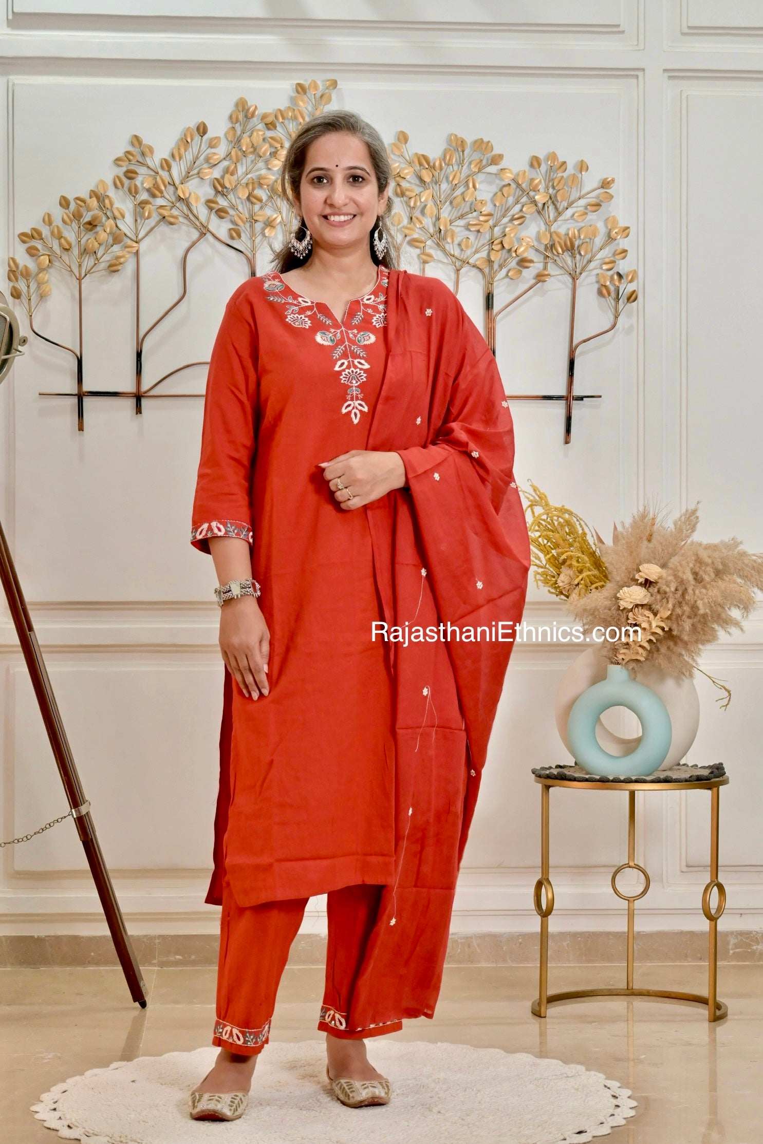 Rust Embroidered Kurta Set