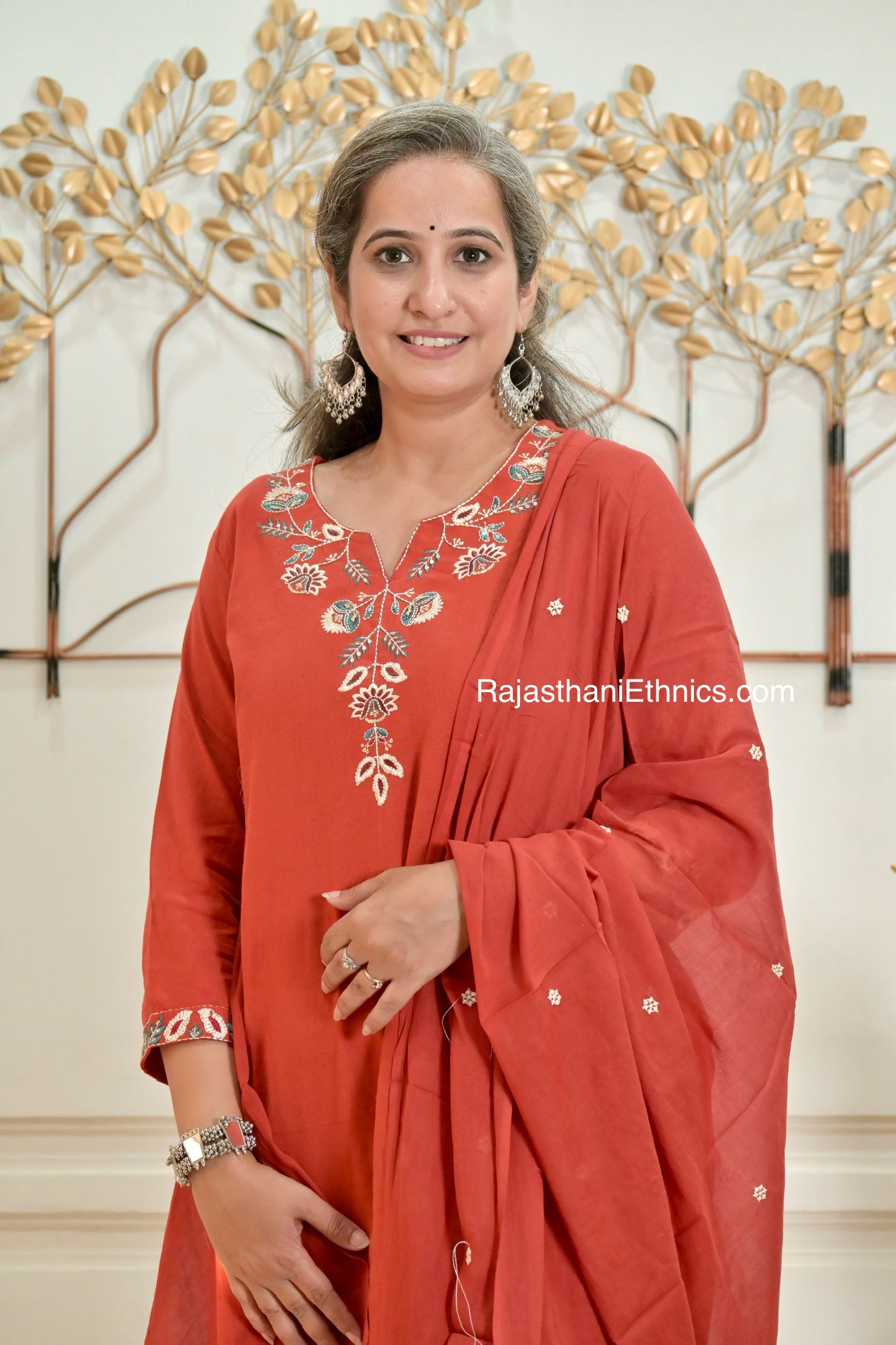 Rust Embroidered Kurta Set