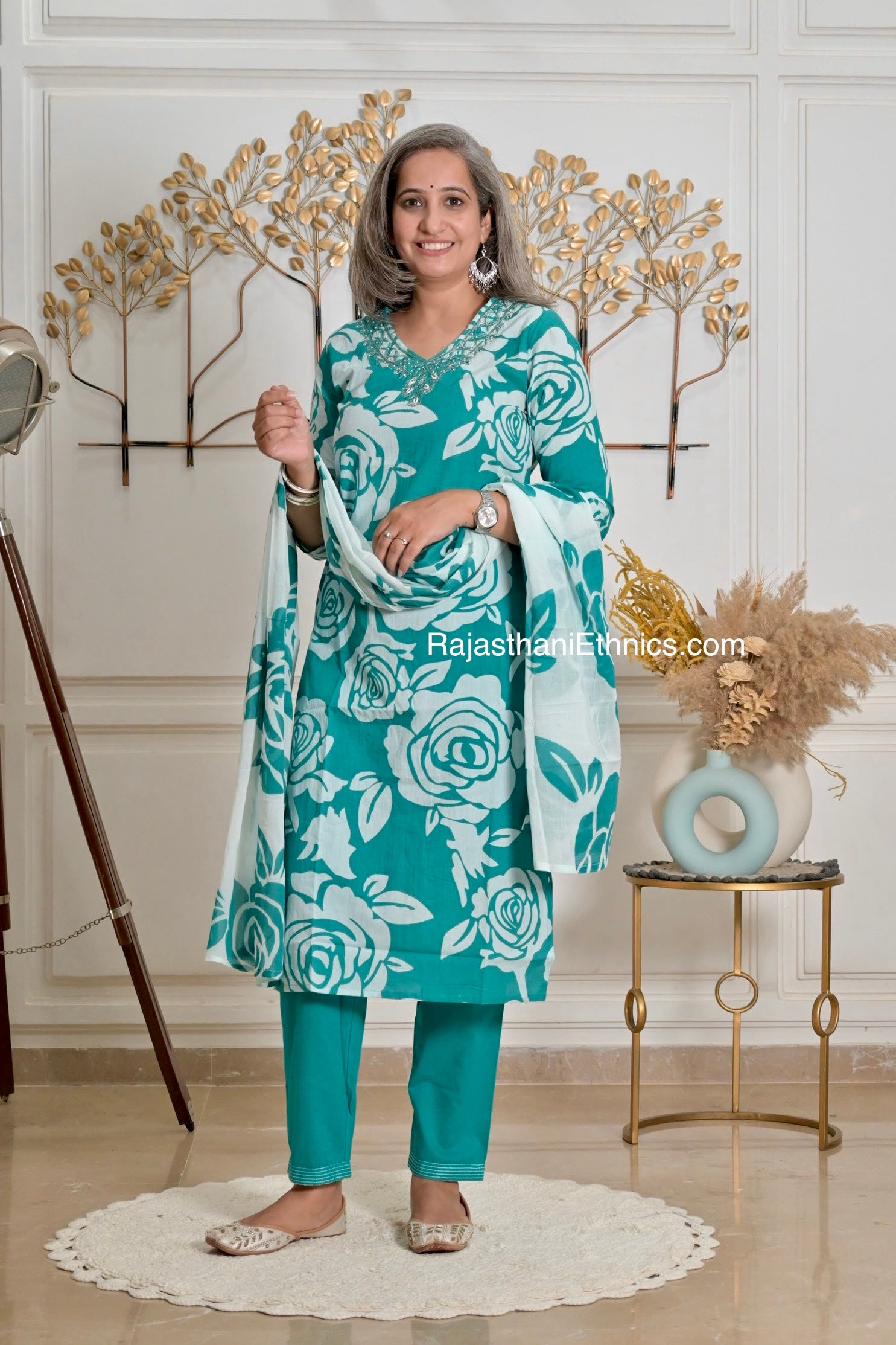 Teal Floral Printed Kurta Set
